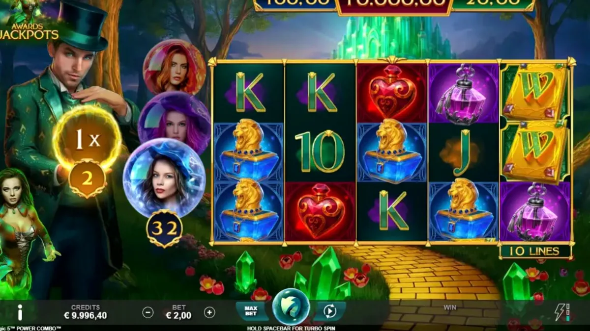 Pemandangan magis dari slot Book of Oz Magic 5 Power Combo dengan latar belakang Emerald City yang bersinar.